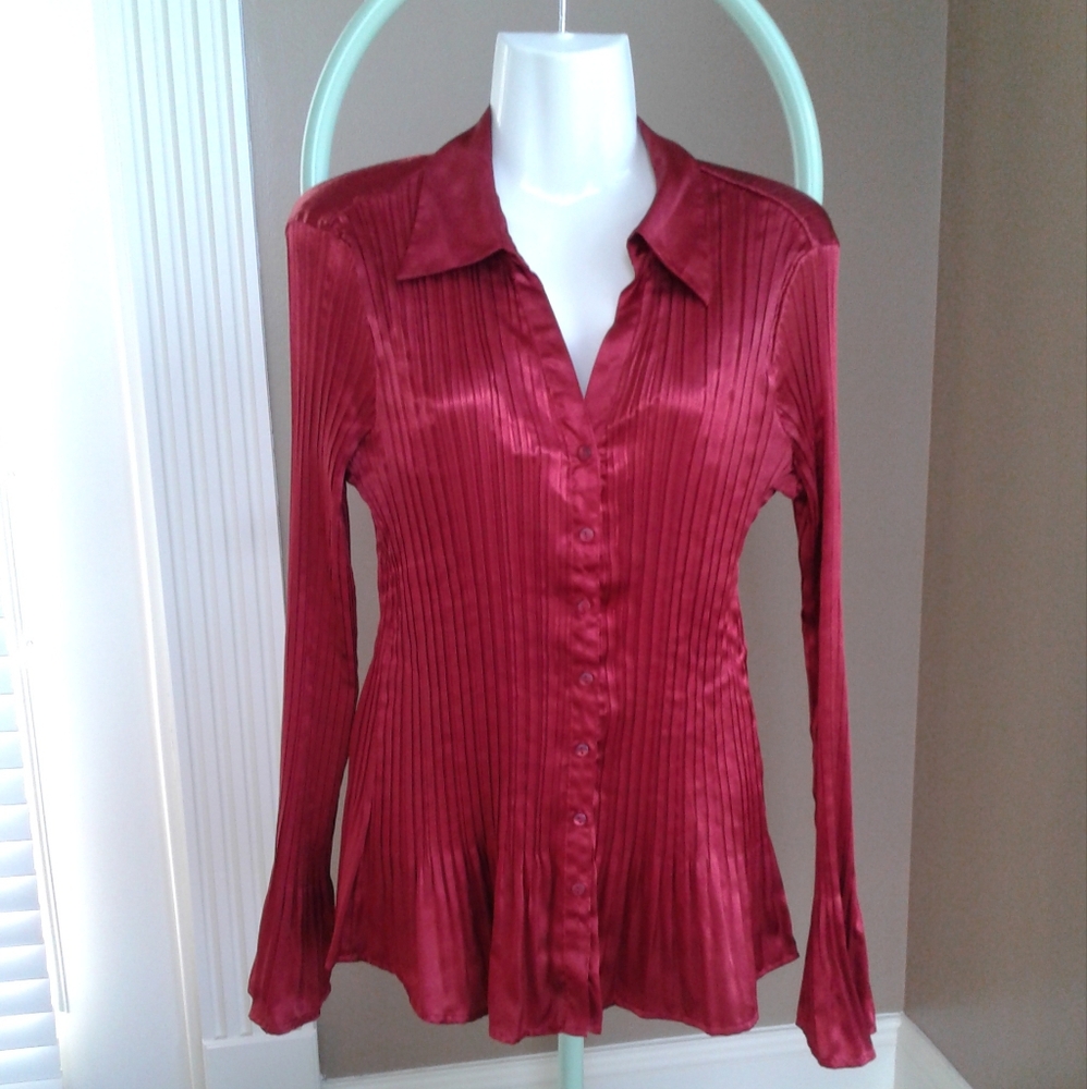 Tailor B. Moss V Neck Red Pleated Button-Down Bell Sleeved Shirt - Picture 5 of 10